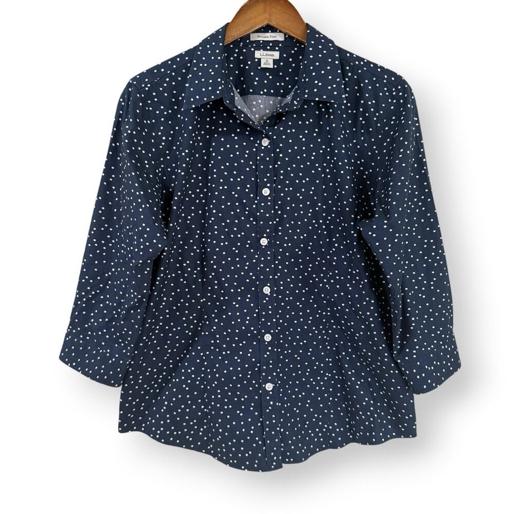 L.L. Bean 100% Cotton Polka Dot Wrinkle Free Button Shirt M 3/4 Sleeve Navy Blue